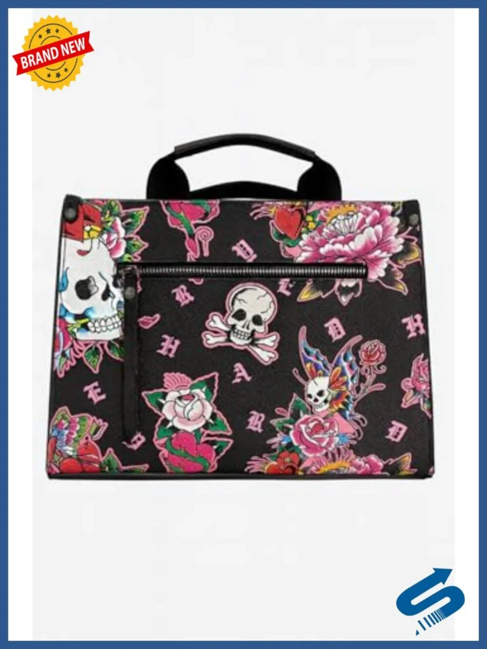 Vintage Tattoo Floral Skull Print Crossbody Bag with Adjustable Strap